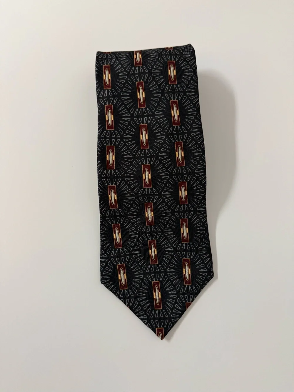 Vintage Colours‎ Alexander Julian Silk Tie Mens Black Geometric Medallion Retro